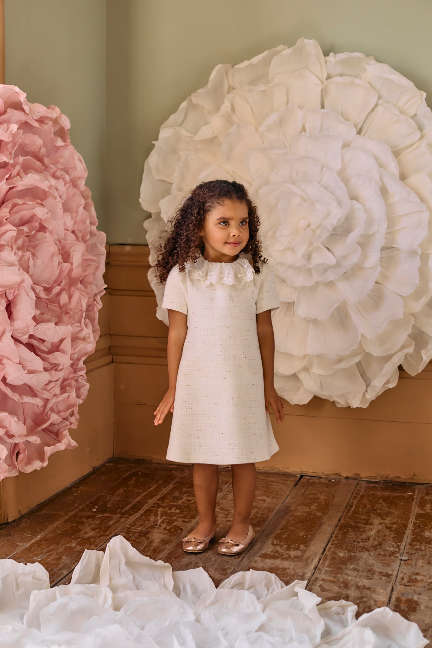 Ivory Tweed Dress with Embroiered Collar