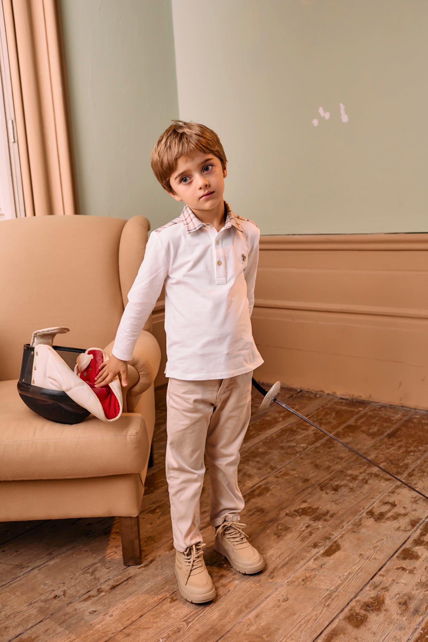 Ecru Beige Plaid Polo and Beige Pants