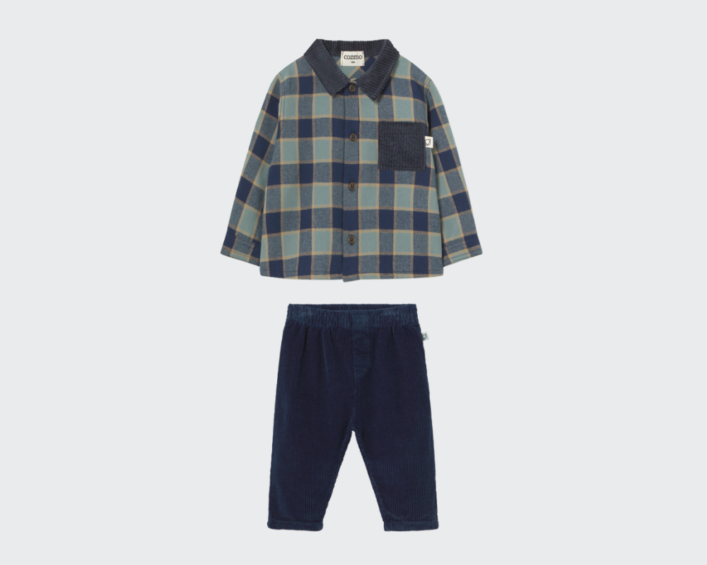 Check Flannel Top with Denim Corduroy Pants
