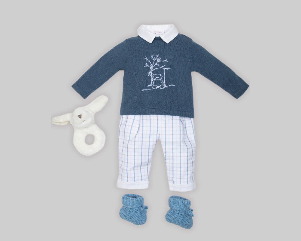 Baby Boy Wool and Cashmere Bear Sweater with Blue Flannel Pants