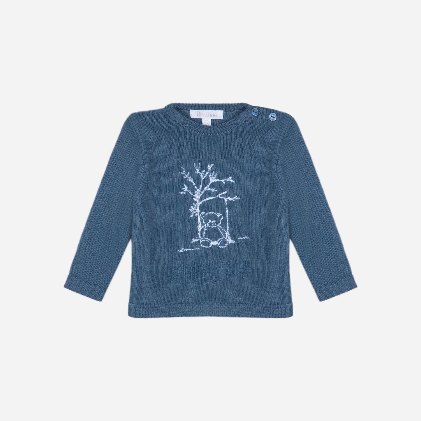 Baby Boy Wool and Cashmere Bear Sweater with Blue Flannel Pants