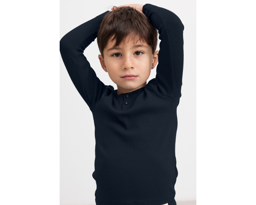 Long Sleeve Ribbed Henley Set - Pilot Navy