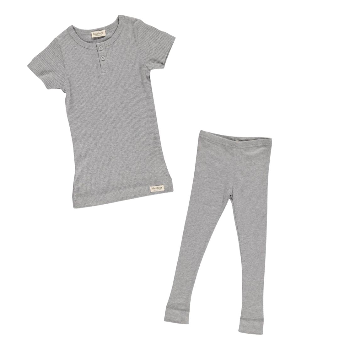 Short Sleeve Ribbed Henley Set - Grey