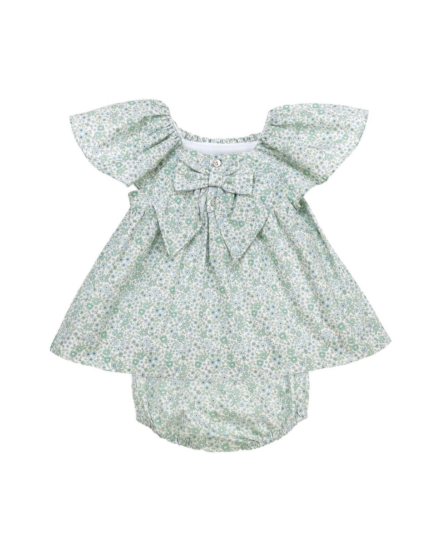 Back view of floral baby dress set with hand smocked neckline and flutter sleeves