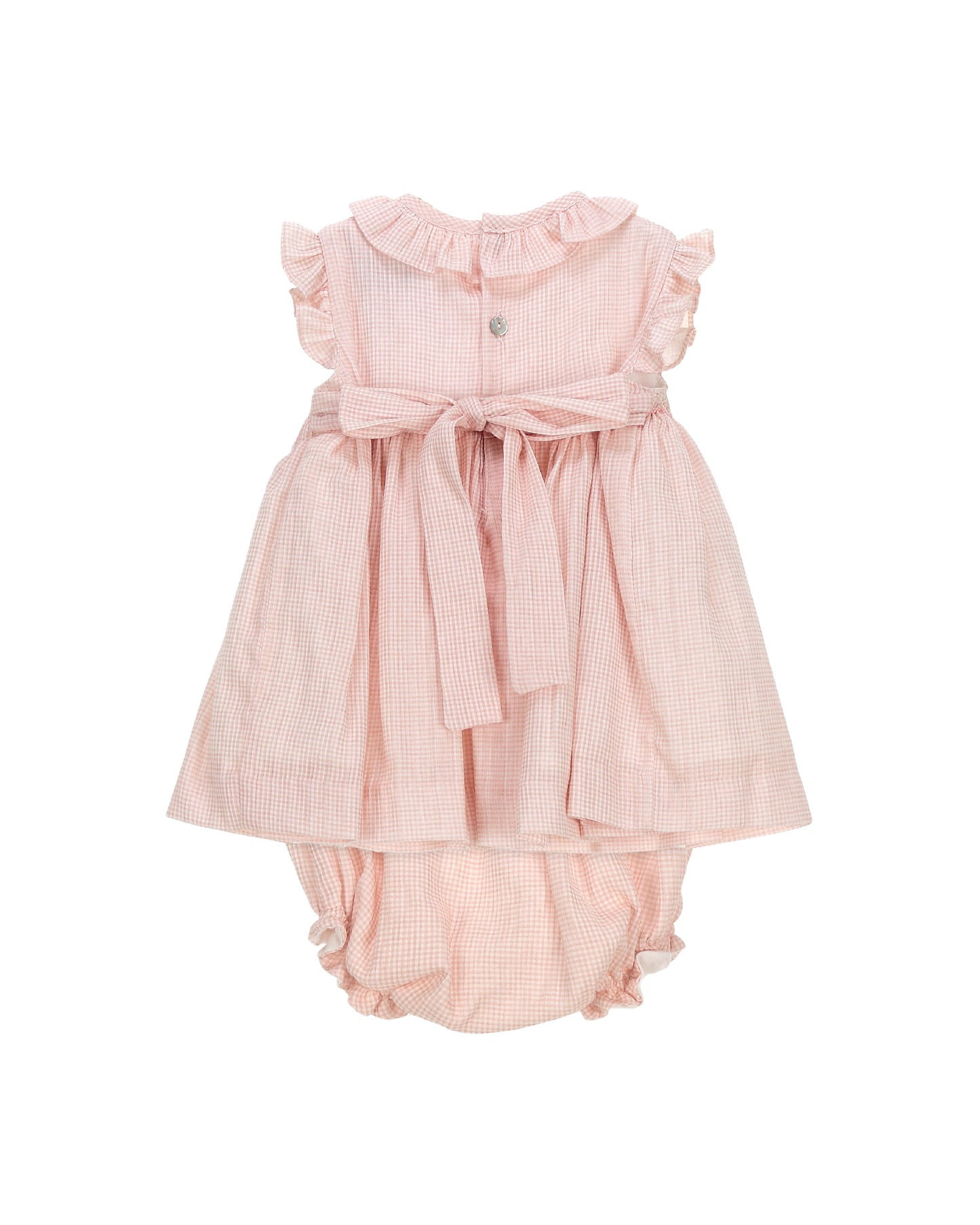 baby girl pink gingham smocked dress set with bloomers
heirloom baby clothing blush gingham smocked outfit
special occasion baby girl outfit pink cotton dress set