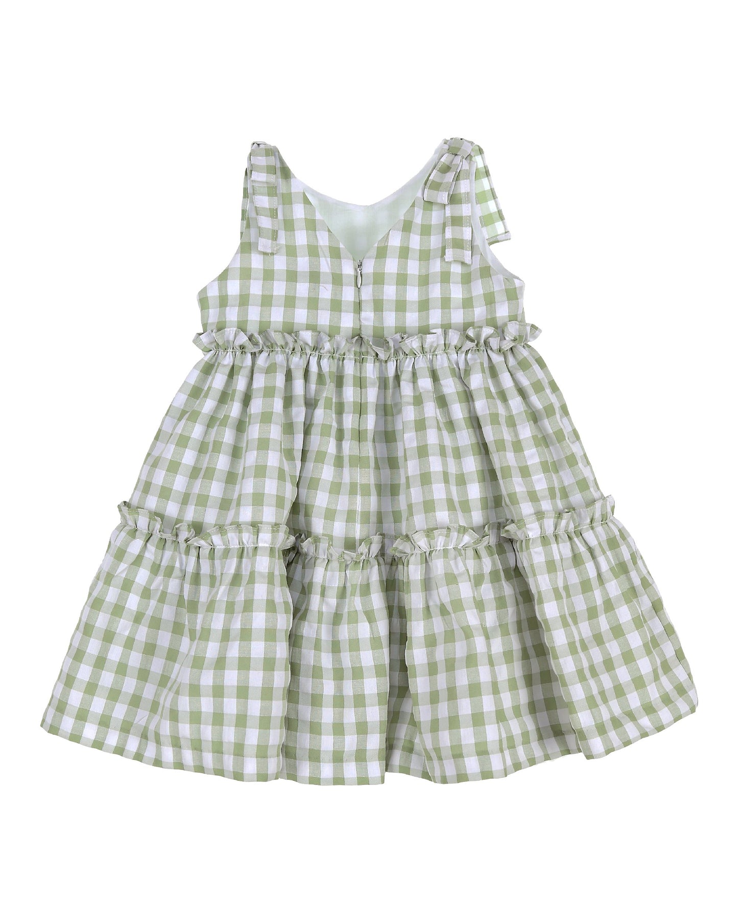 Back view of green and white gingham toddler dress with tiered layers and bow straps