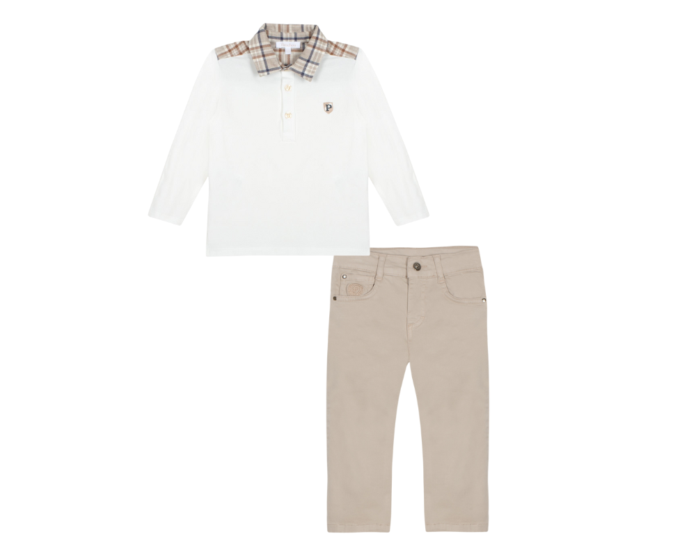Ecru Beige Plaid Polo and Beige Pants