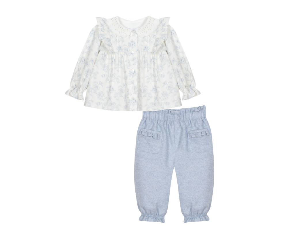 Woven Melange Blue Floral Pants Set