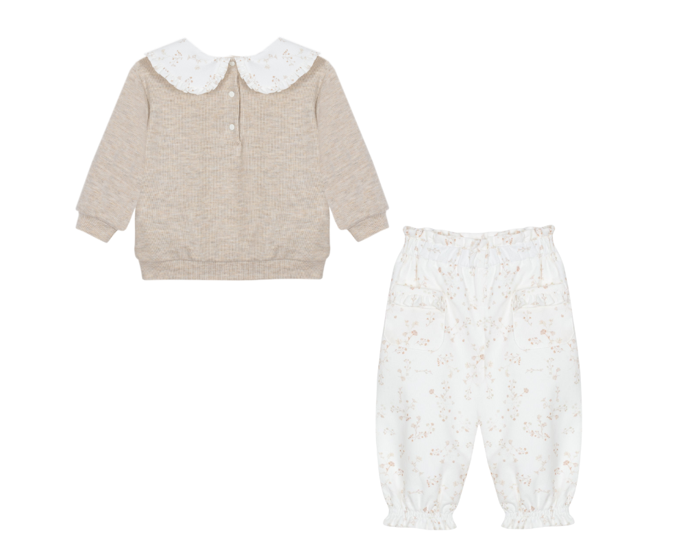 Beige Flowers Girls Pants Set