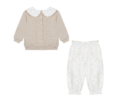 Beige Flowers Girls Pants Set