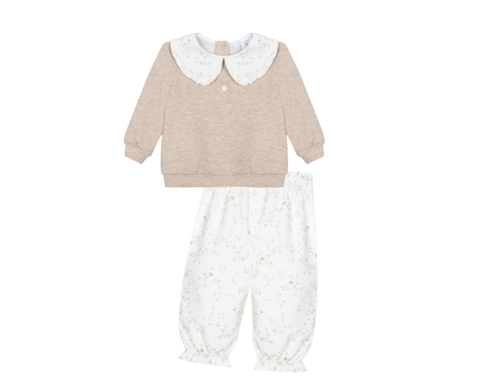 Beige Flowers Girls Pants Set