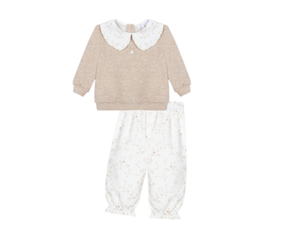 Beige Flowers Girls Pants Set
