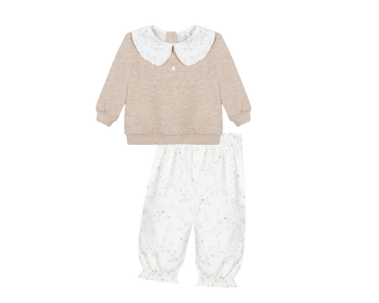 Beige Flowers Girls Pants Set