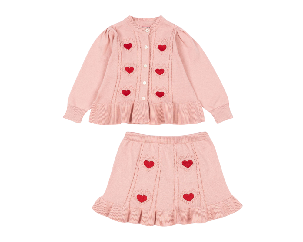 Soliel Heart Cardigan and Skirt Set - Silver Pink