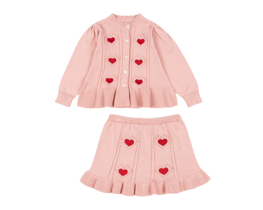 Soliel Heart Cardigan and Skirt Set - Silver Pink