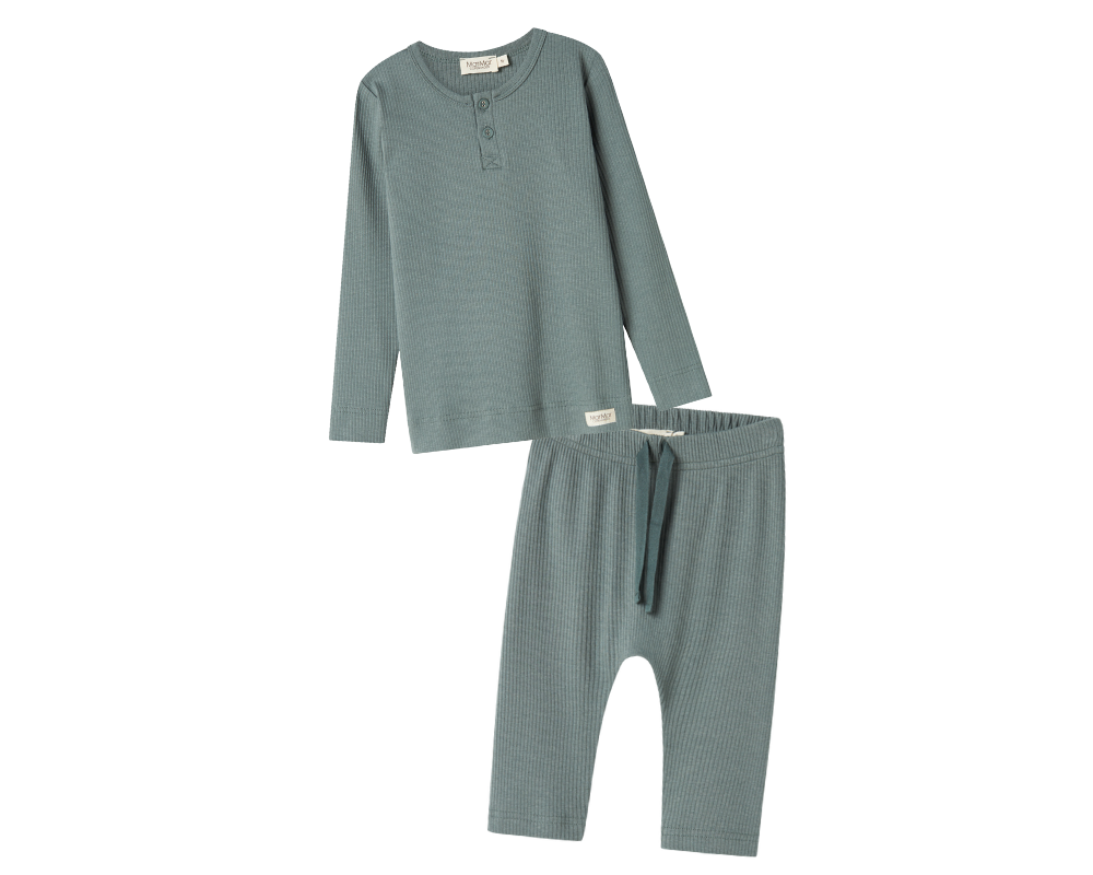 Long Sleeve Ribbed Henley Set - Dusty Green
