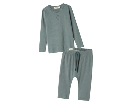 Long Sleeve Ribbed Henley Set - Dusty Green