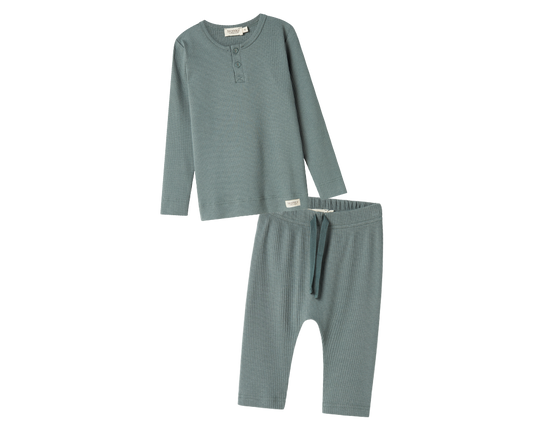 Long Sleeve Ribbed Henley Set - Dusty Green