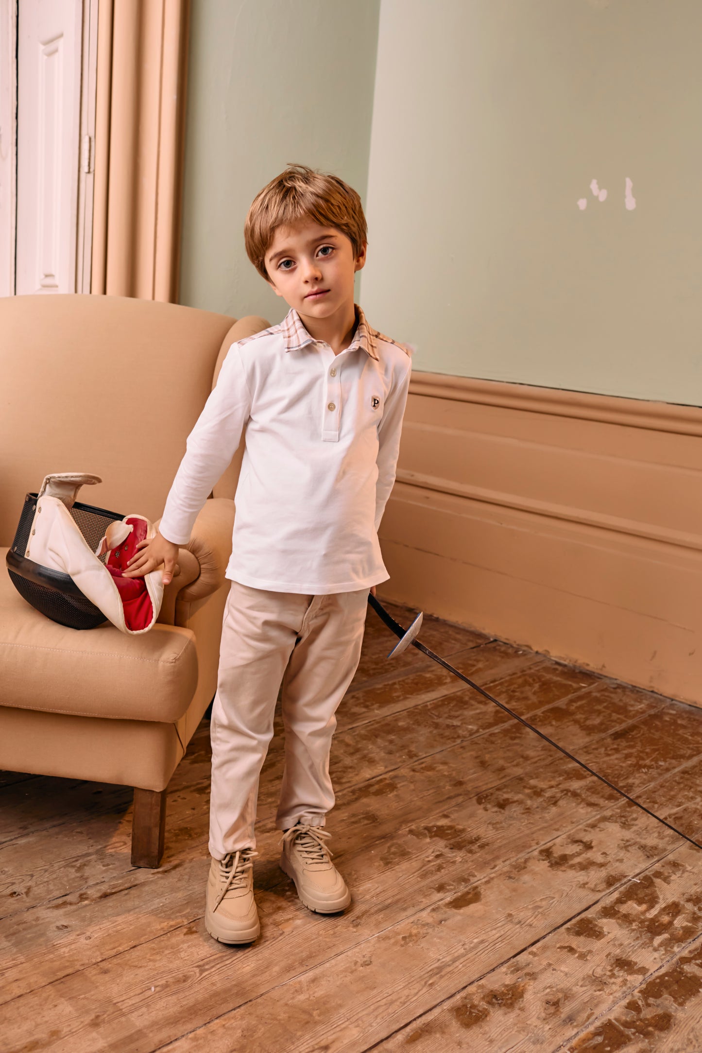 Ecru Beige Plaid Polo and Beige Pants