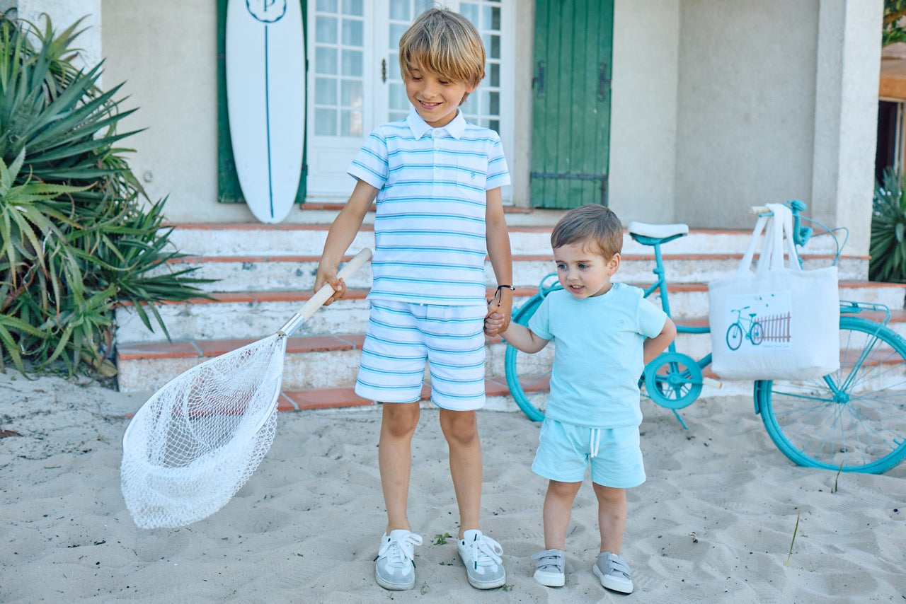 Blue Striped Shorts Polo Set