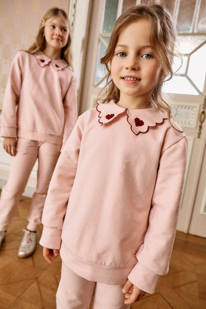 Pink Sweater Set with Contrasting Scallop Embroidery