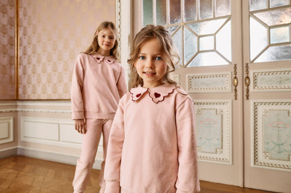Pink Sweater Set with Contrasting Scallop Embroidery