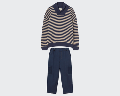 Soft Stripes Collar Sweater and Dobby Denim Pocket Pants