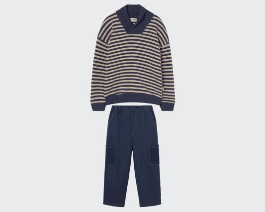 Soft Stripes Collar Sweater and Dobby Denim Pocket Pants