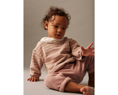 Soft Brushed Baby Striped Sweater and Bow Pants Set - Silver Pink