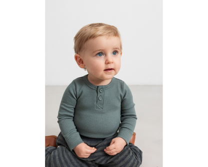Long Sleeve Ribbed Henley Set - Dusty Green