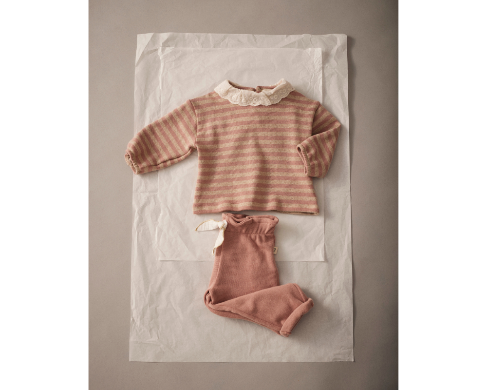 Soft Brushed Baby Striped Sweater and Bow Pants Set - Silver Pink