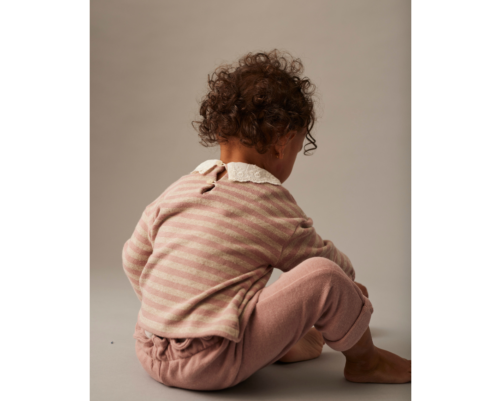 Soft Brushed Baby Striped Sweater and Bow Pants Set - Silver Pink