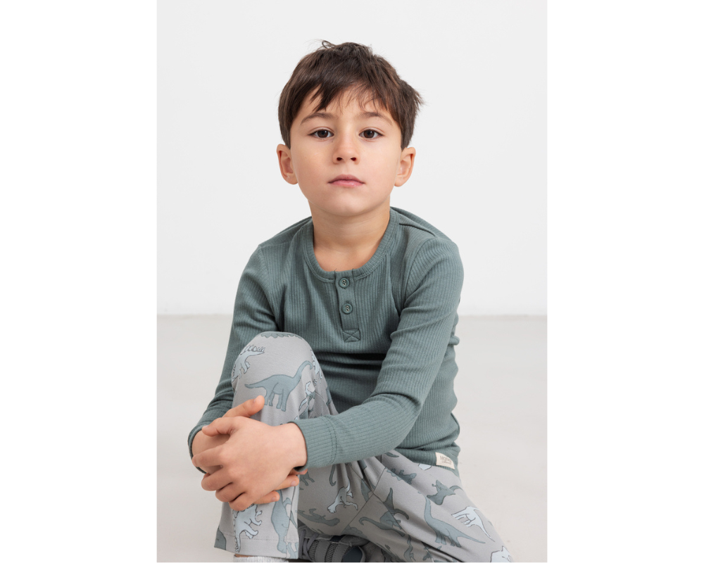 Long Sleeve Ribbed Henley Set - Dusty Green