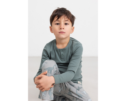 Long Sleeve Ribbed Henley Set - Dusty Green
