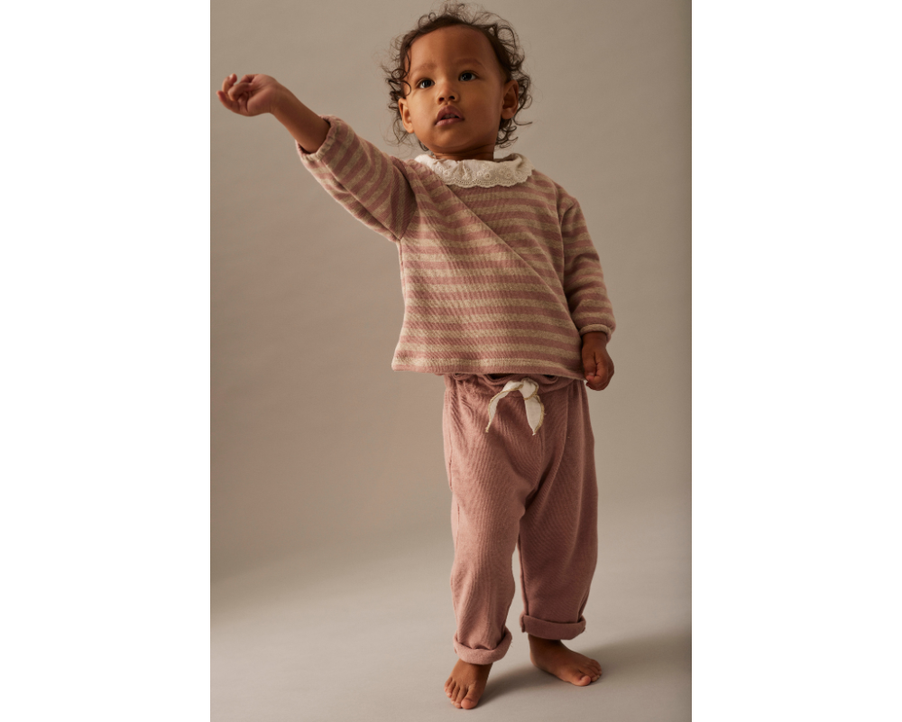 Soft Brushed Baby Striped Sweater and Bow Pants Set - Silver Pink