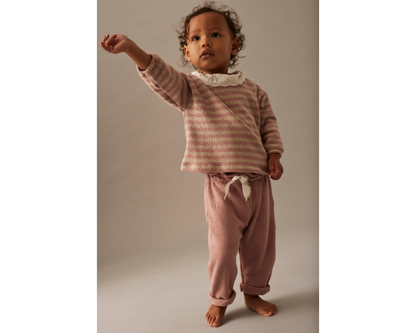 Soft Brushed Baby Striped Sweater and Bow Pants Set - Silver Pink