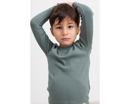 Long Sleeve Ribbed Henley Set - Dusty Green