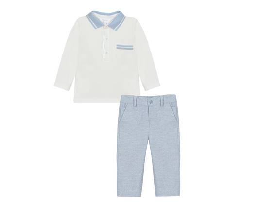 Children's outfit with white shirt and light blue pants on a white background