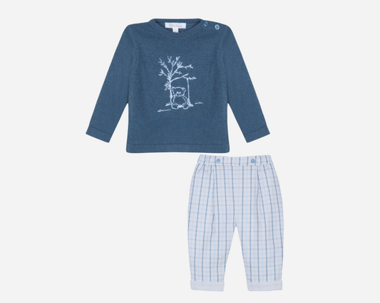Baby Boy Wool and Cashmere Bear Sweater with Blue Flannel Pants