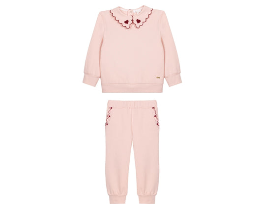 Pink Sweater Set with Contrasting Scallop Embroidery