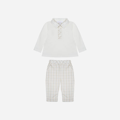 Beige Checkered Polo and Pants Set