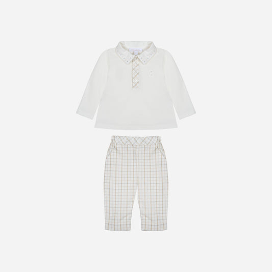 Beige Checkered Polo and Pants Set