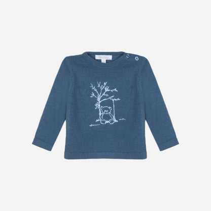 Baby Boy Wool and Cashmere Bear Sweater with Blue Flannel Pants