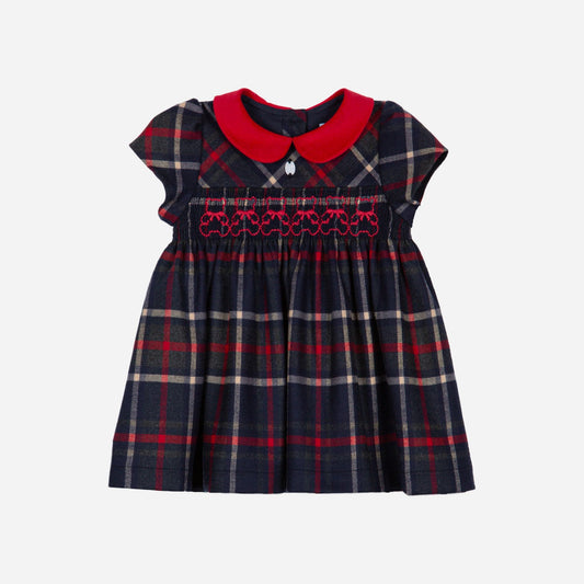 Plaid dress with red collar on a white background