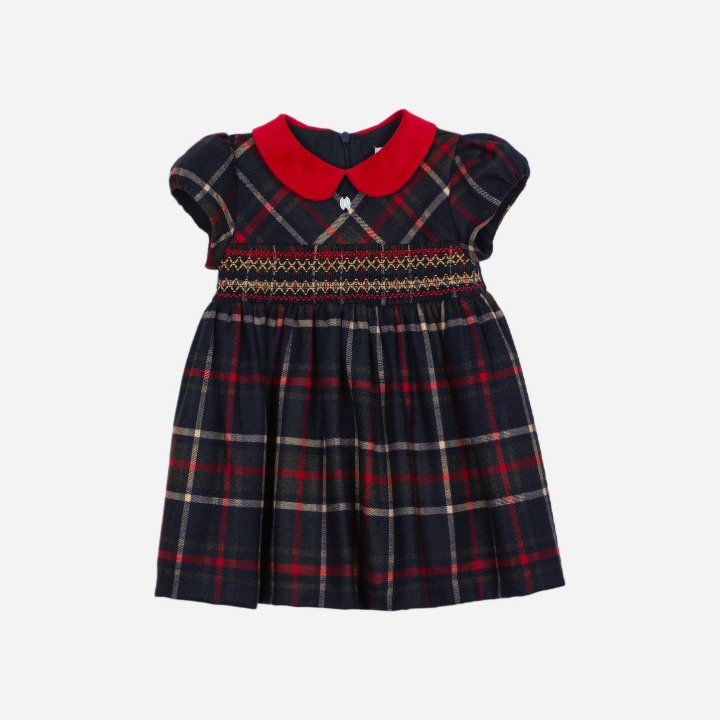 Plaid dress with red collar on a white background