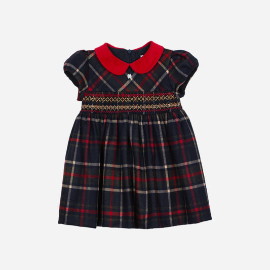 Plaid dress with red collar on a white background