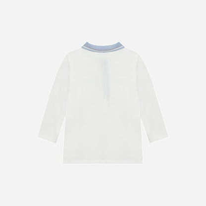 Ecru Polo Long Sleeve and Melange Blue Woven Pants
