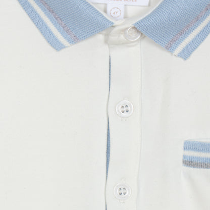 Ecru Polo Long Sleeve and Melange Blue Woven Pants