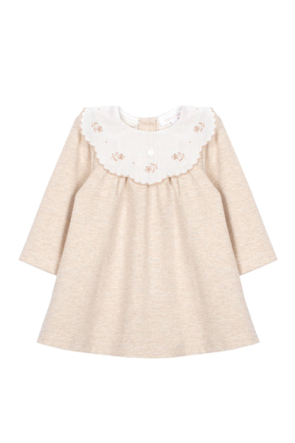 Elegant Beige Dress with Embroidered Collar