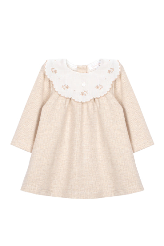 Elegant Beige Dress with Embroidered Collar